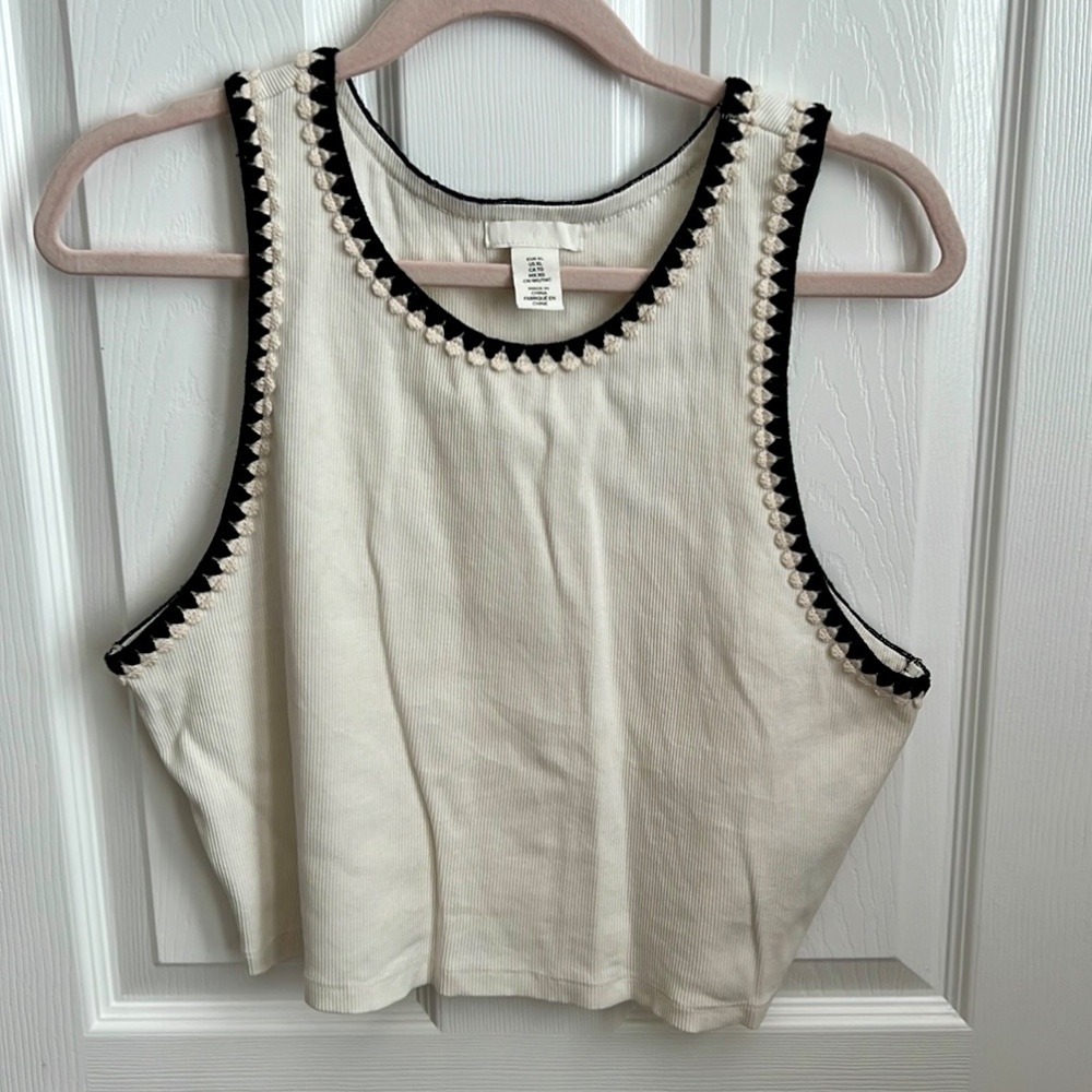 H&M Ribbed Tank Top Crochet Trim Sleeveless Casual Top Ivory Black XL‎